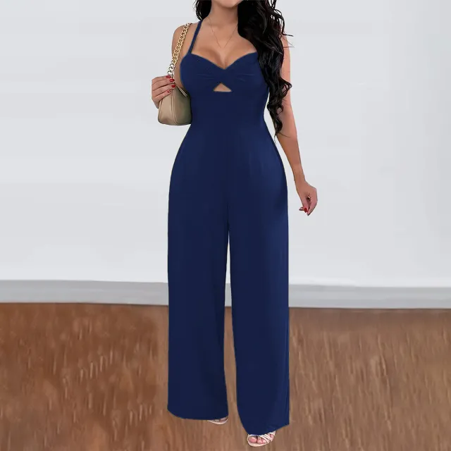 Leisure Vacation Commute Style Solid Color Sling Wide Leg Jumpsuit For Women Dark Blue - Shop at LoveMi