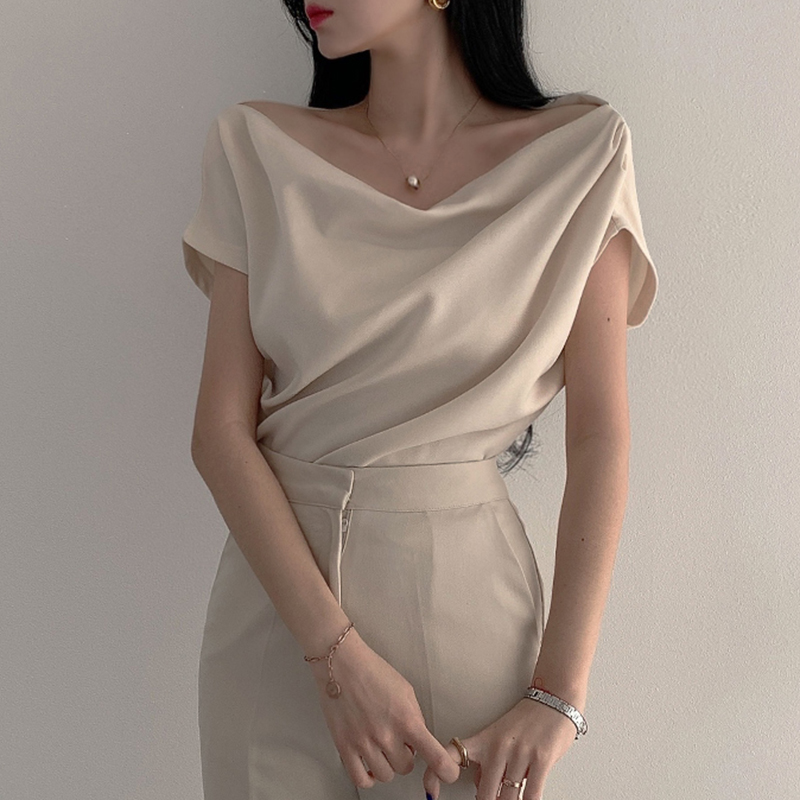 Off-shoulder Collar Design Loose Casual Short Sleeve Shirt Top