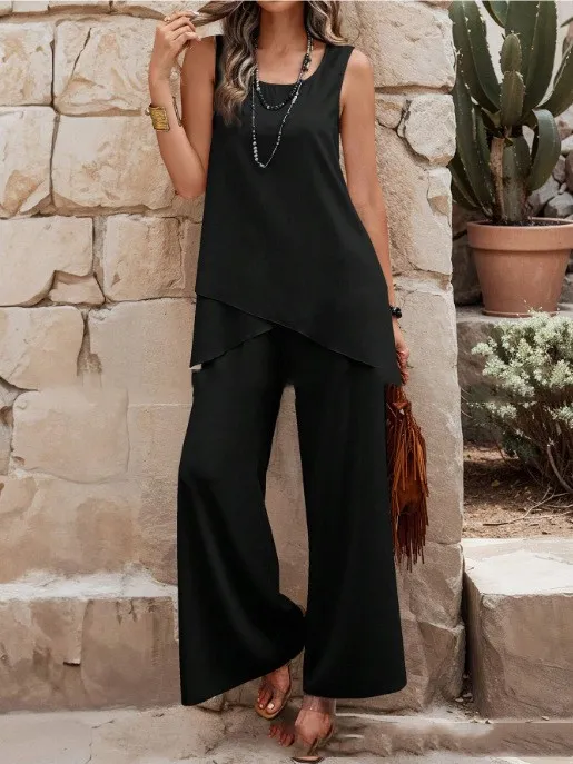 Sleeveless Double layer Vest Pants Suit Black - Shop at LoveMi