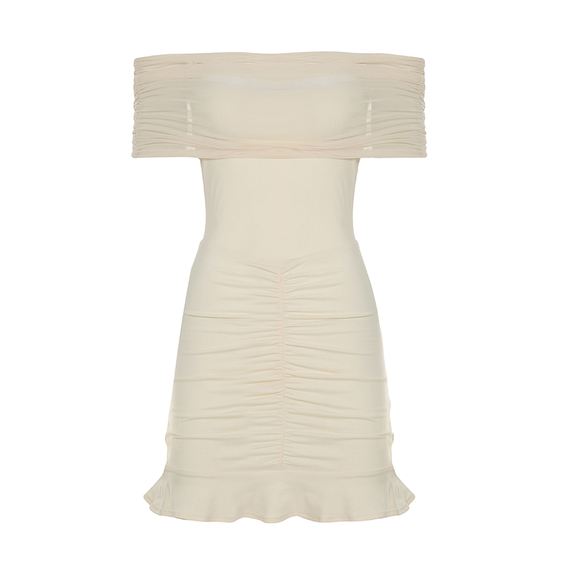 Off shoulder Pleated Hip Skirt Mesh Dress Skin Color Beige - Shop at LoveMi