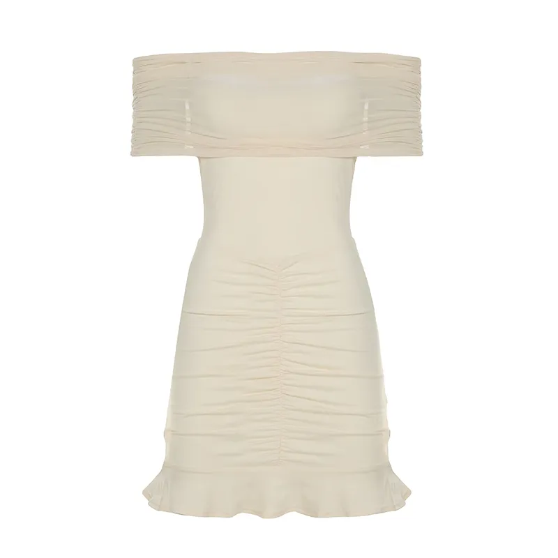 Off-shoulder Pleated Hip Skirt Mesh Dress - Skin Color