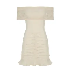Off-shoulder Pleated Hip Skirt Mesh Dress - Skin Colour - View 1