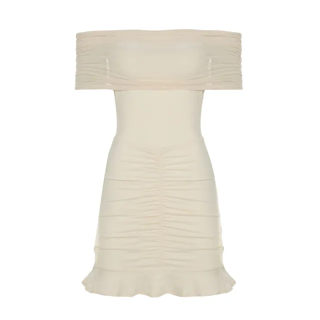 Off shoulder Pleated Hip Skirt Mesh Dress Skin Color - Shop at LoveMi