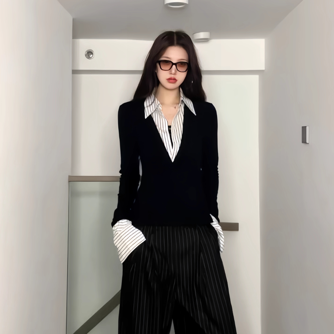 Fake Two-piece Polo Collar Top Women's Slim Shirt