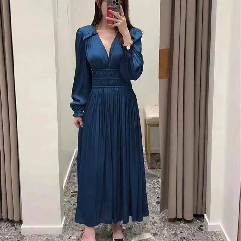 V-neck Waist-controlled Slimming Pleated Long Sleeve Dress - Navy Blue Long Style