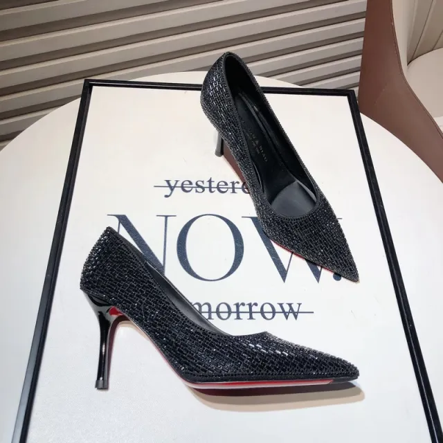 Pointed Stiletto Heel Silver High Heel Banquet Wedding Shoes Black - Shop at LoveMi