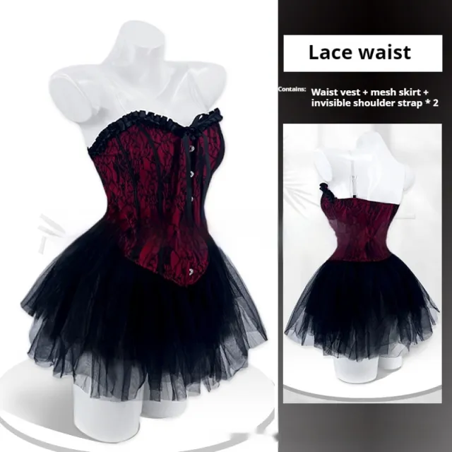 Lace Patchwork Ruffled Tube Top High Waist Bubble Skirt Black - Shop at LoveMi