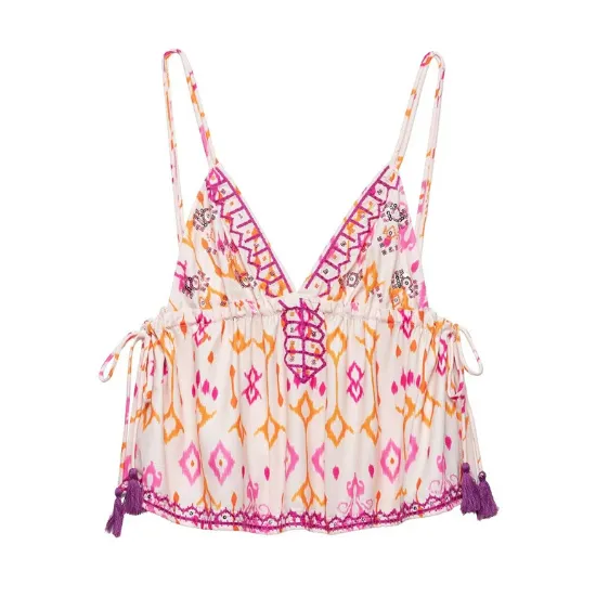 V-neck Brace Sequin Embroidery Decoration Spaghetti-strap Camisole Top - Picture Color2-M