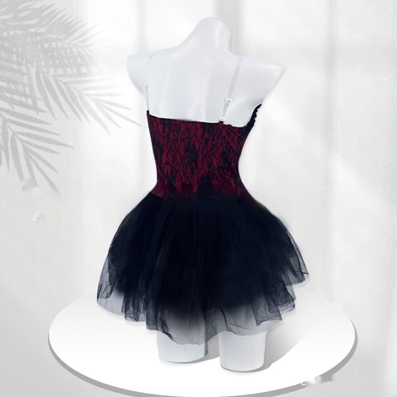 Lace Patchwork Ruffled Tube Top High Waist Bubble Skirt