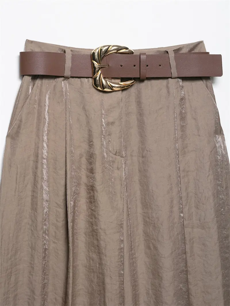 Casual Belt Silk Satin Texture Wide Leg Pants With Belt
