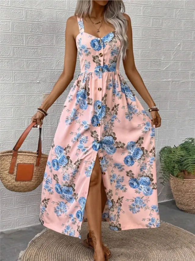 Women's Floral Dress Women's Summer Outerwear A Line Skirt Dress Pink Blue - Shop at LoveMi