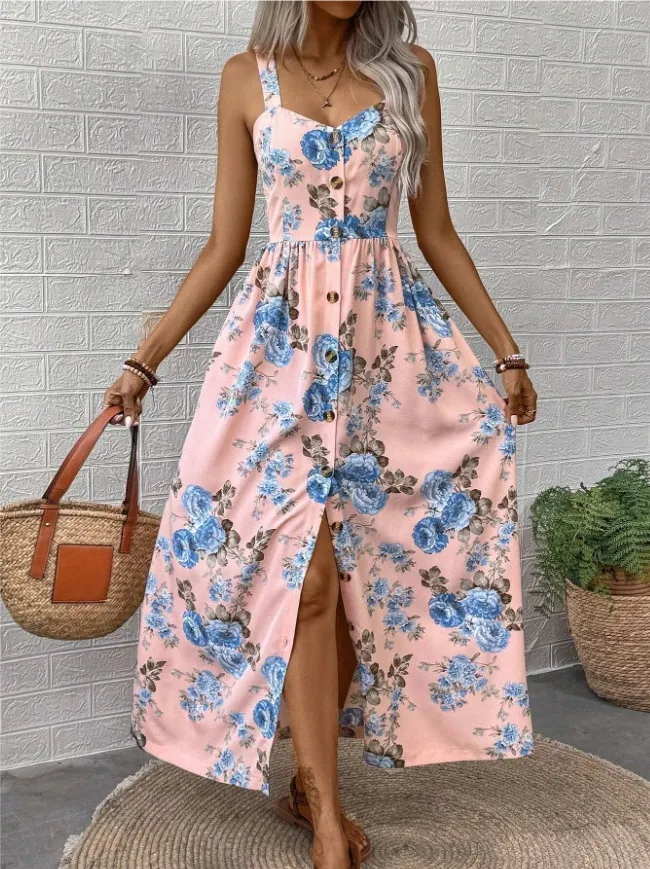 Women's Floral Dress Women's Summer Outerwear A- Line Skirt Dress - Pink Blue