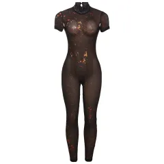 Fashion Sexy Half Turtleneck Button Printed Backless Hollow-out Tight Jumpsuit - Black - View 1