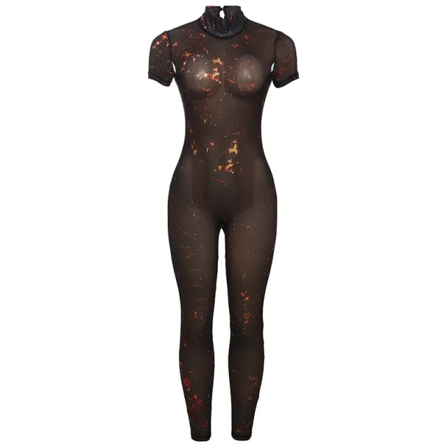 Fashion Sexy Half Turtleneck Button Printed Backless Hollow out Tight Jumpsuit Black - Shop at LoveMi