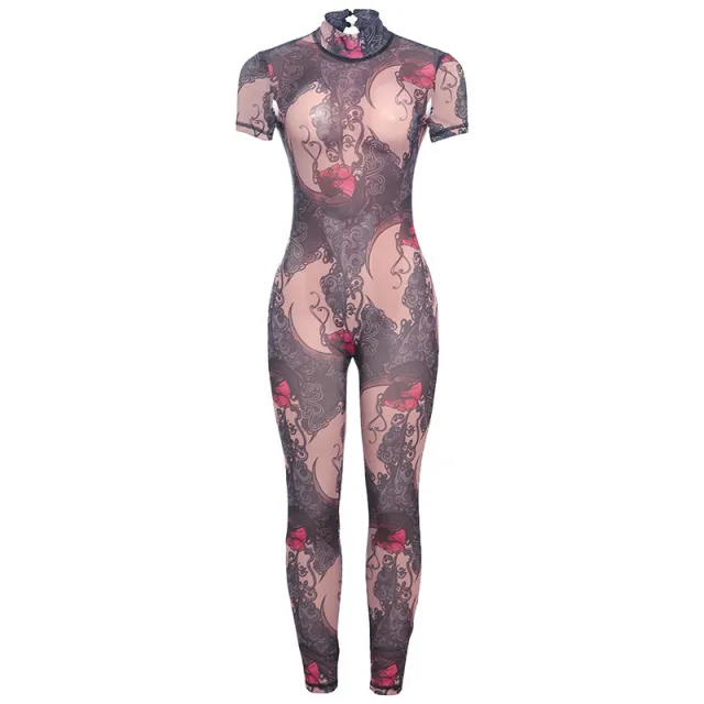 Fashion Sexy Half Turtleneck Button Printed Backless Hollow out Tight Jumpsuit Pink - Shop at LoveMi