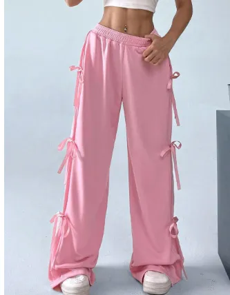 Elastic Waist Solid Color Bow Lace Up Casual Straight-leg Pants - Pink