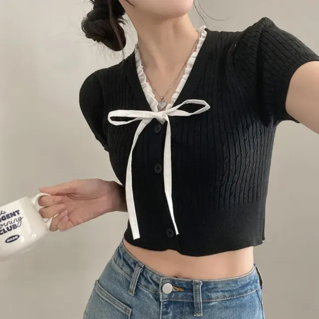 Tied V neck Ice Silk Short Sleeve Knitwear Women's Short Top Black - Shop at LoveMi