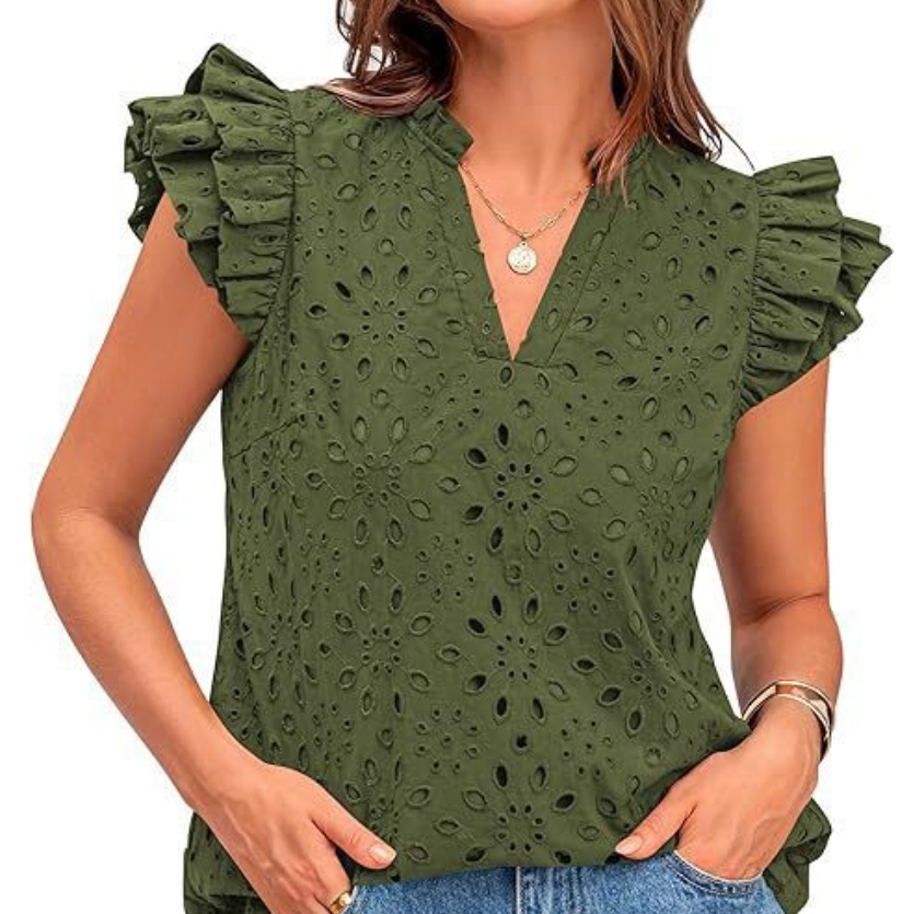 Women's Eyelet Top Fashion Casual V-neck Pleated Cover Sleeve Lace Embroidered Shirt