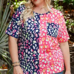 Plus Size Leopard Colorblock Short Sleeve Top - Leopard - View 1