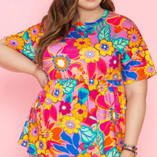 Floral Print Short Sleeve Plus Size Babydoll Blouse Pink - Shop at LoveMi