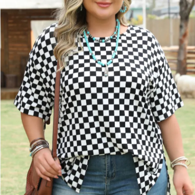 Black Checkered Print Side Slits O Neck Plus Size T Shirt Black - Shop at LoveMi