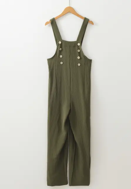 Jungle Green Solid Color Buttoned Straight Leg Overall