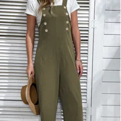 Jungle Green Solid Color Buttoned Straight Leg Overall - Jungle Green - View 1