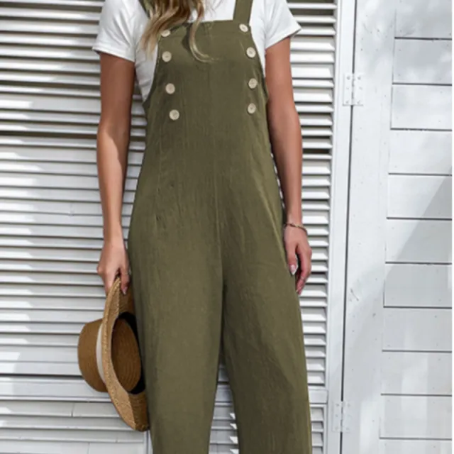 Jungle Green Solid Color Buttoned Straight Leg Overall Jungle Green - Shop at LoveMi