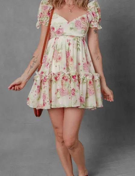 White Vibrant Floral Bubble Sleeve Sweetheart Neck Ruffle Mini Dress - White