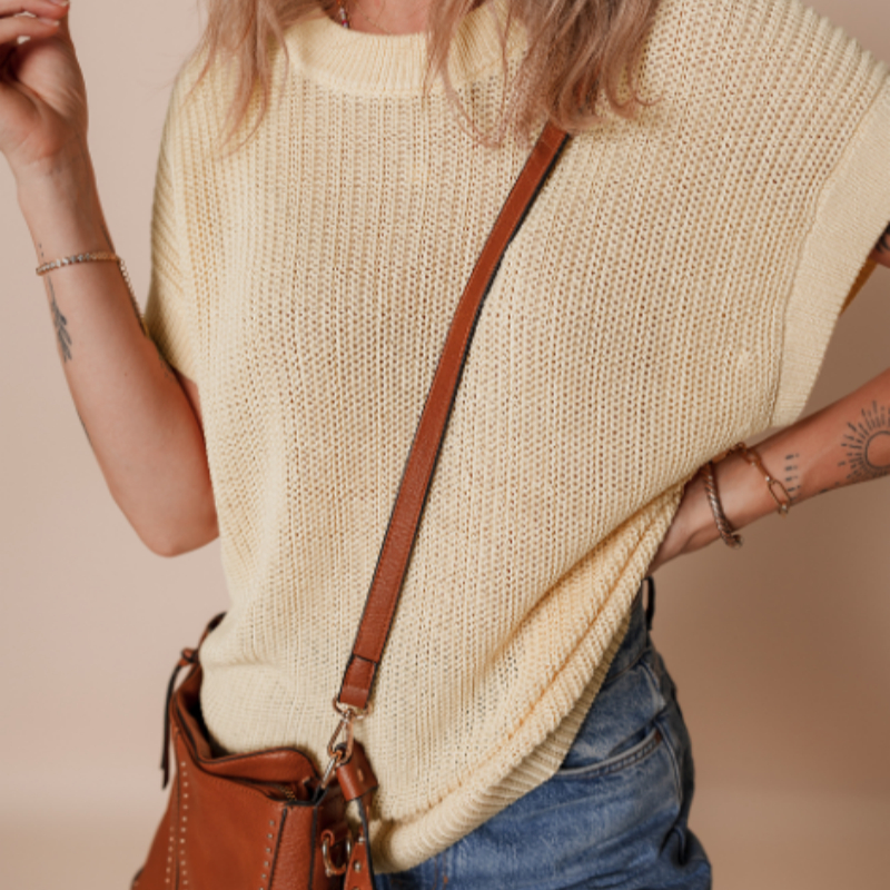 Oatmeal Solid Color Batwing Short Sleeve Round Neck Knit T Shirt