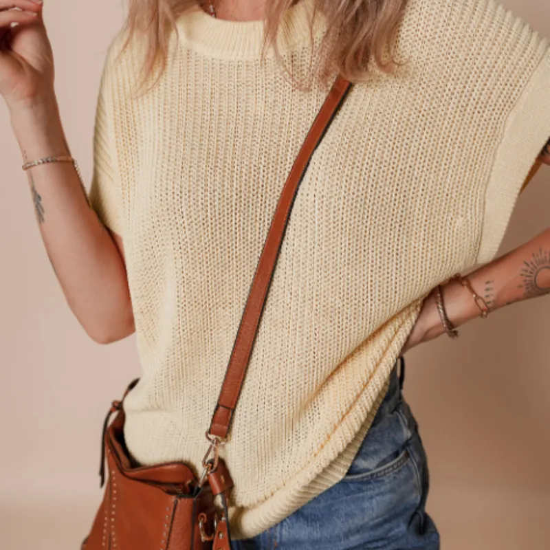 Oatmeal Solid Color Batwing Short Sleeve Round Neck Knit T Shirt - Oatmeal