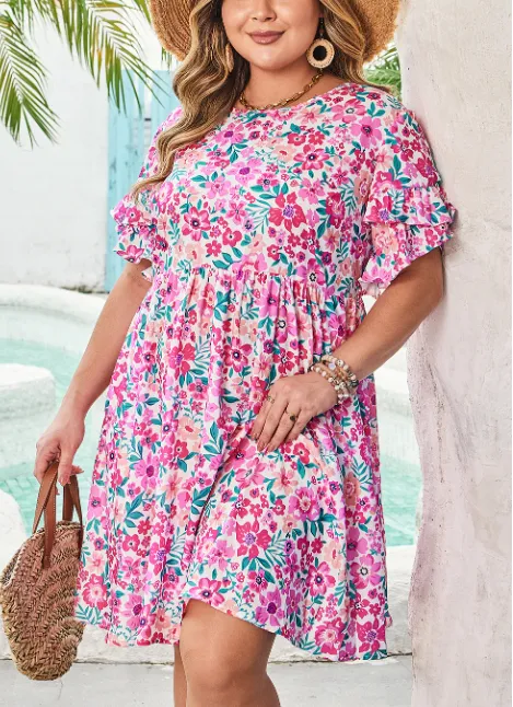 White Plus Size Floral Print Frilled Short Sleeve Flare Dress White - Shop at LoveMi