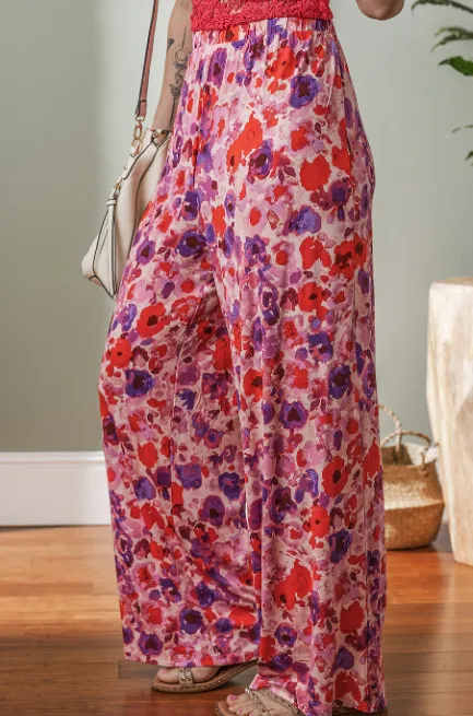 Purple Floral Wide Leg Elastic High Waist Pants Purple - Shop at LoveMi