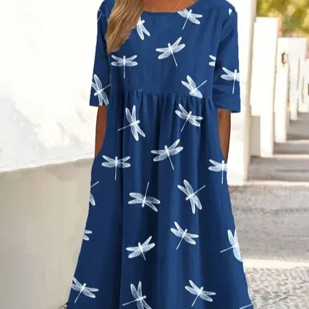 Summer New Mid-waist Women's Round Neck 3D Printing Dress - Xklyqsx2761