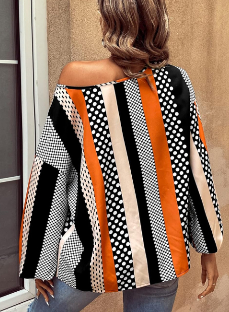 Orange Polka Dot Vertical Striped Printed Puff Sleeve Blouse