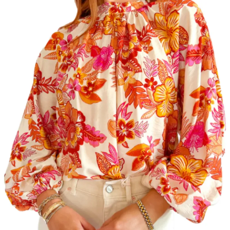 Orange Floral Print Pearl Button Keyhole Long Puff Sleeve Blouse - Floral