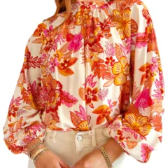 Orange Floral Print Pearl Button Keyhole Long Puff Sleeve Blouse - Floral - View 1