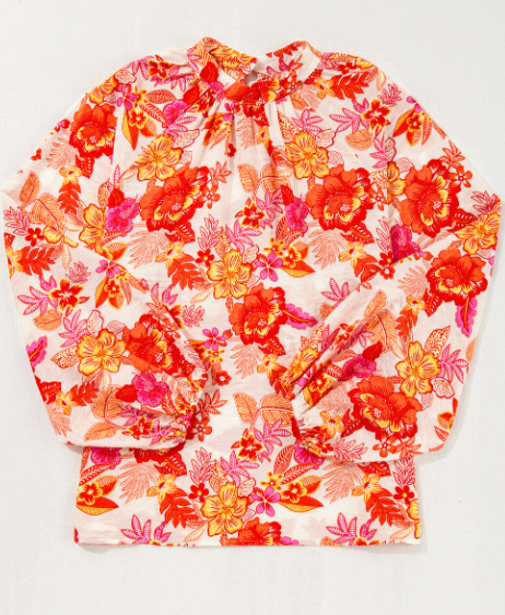 Orange Floral Print Pearl Button Keyhole Long Puff Sleeve Blouse