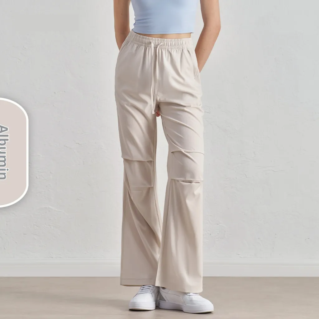 Women's Wide-leg Small Overalls Cool Rustling Pleated Drawstring Paratrooper Pants - Albumin