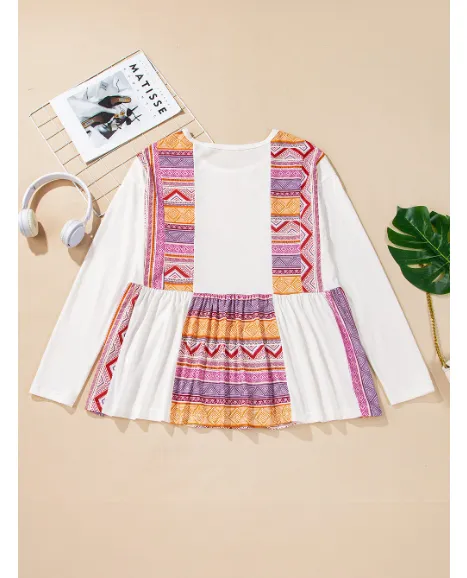 White Western Aztec Print Patchwork Ruffled Tunic Long Sleeve Babydoll Top White - Shop at LoveMi