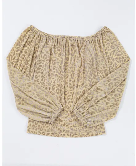 Beige Leopard Velvet Burnout Off Shoulder Long Sleeve Blouse Beige - Shop at LoveMi