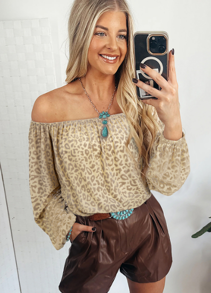 Beige Leopard Velvet Burnout Off Shoulder Long Sleeve Blouse