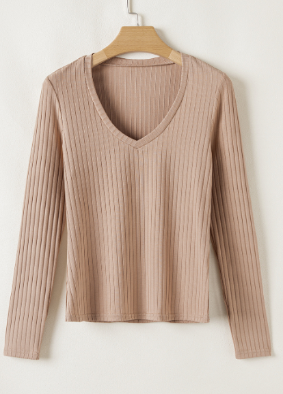 Straw Yellow Ribbed Knit V Neck Long Sleeve Slim Fit Top