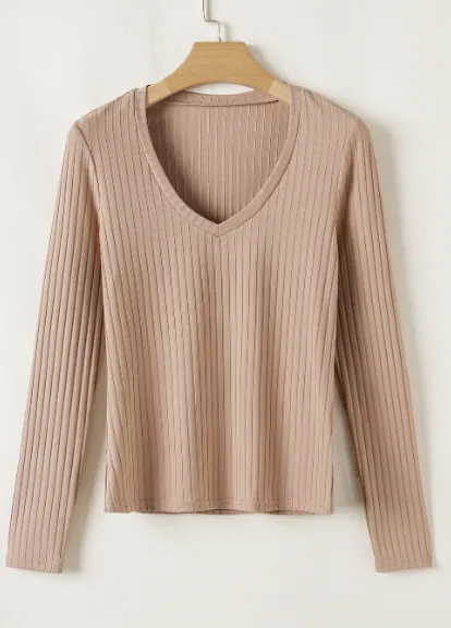 Straw Yellow Ribbed Knit V Neck Long Sleeve Slim Fit Top Straw Yellow - Shop at LoveMi