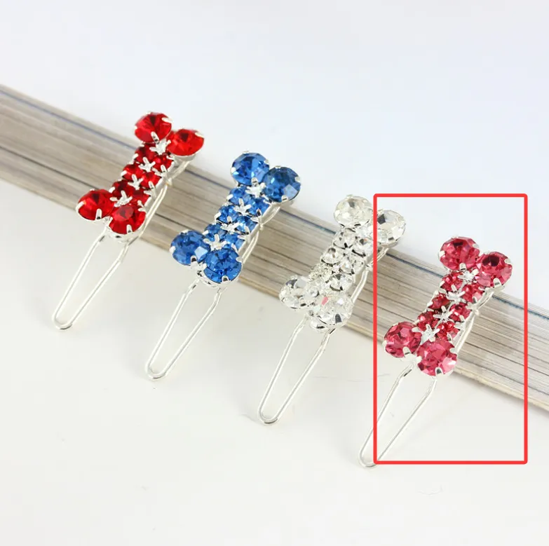 Rhinestone Dog Bone Barrettes Pet Decorations - Pink