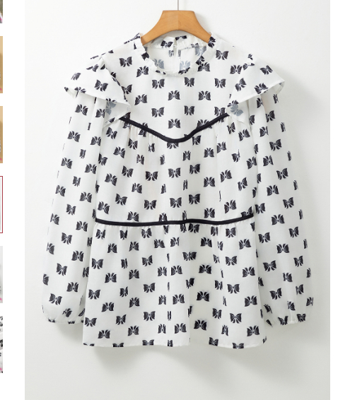 White Bow Knot Print Piping Trim Ruffled Crew Neck Blouse