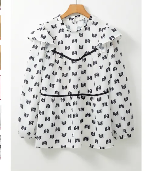 White Bow Knot Print Piping Trim Ruffled Crew Neck Blouse White - Shop at LoveMi