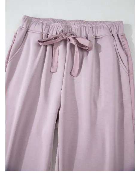 Orchid Petal Drawstring Waist Satin Stripe Patch Straight Leg High Waist Pants