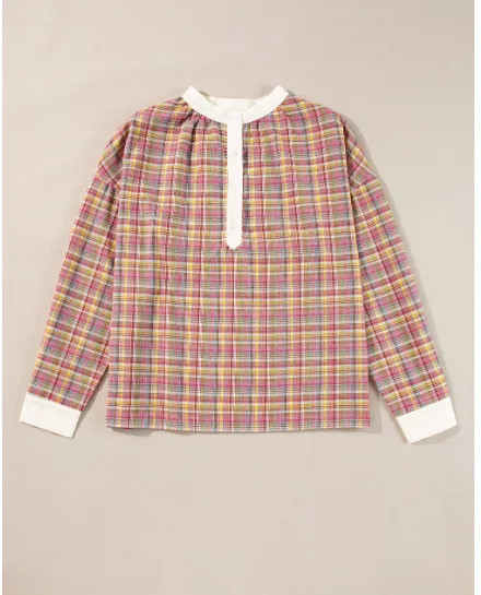 Colorblock Plaid Patchwork Henley Blouse Pink - Shop at LoveMi