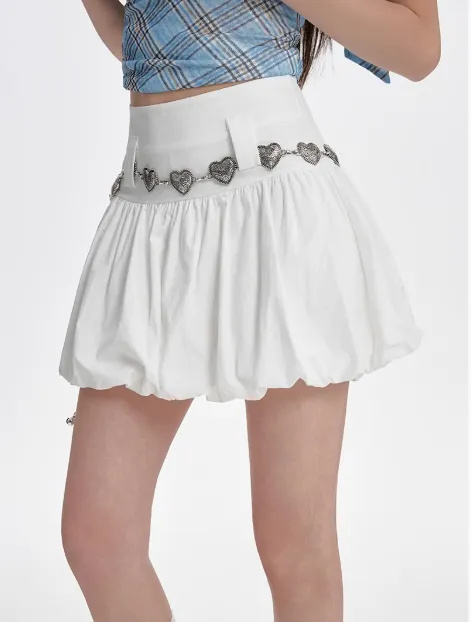 High Waisted Slimming A line Skirt With Fluffy Flower Buds White With Waist Chain - Shop at LoveMi